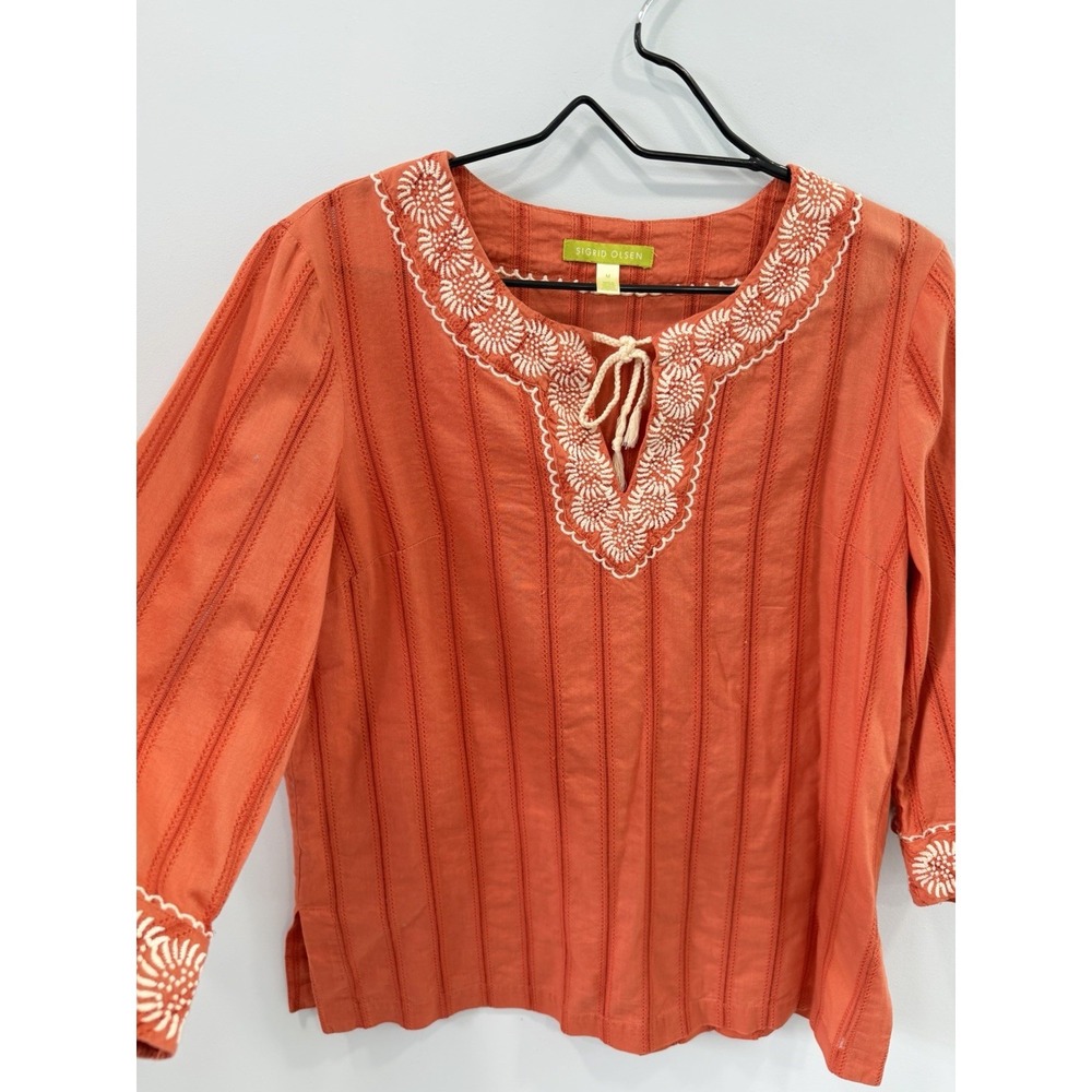 Sigrid Olsen Coral Embroidered Cotton Peasant Boho Top Medium Tunic Tee - Picture 4 of 10